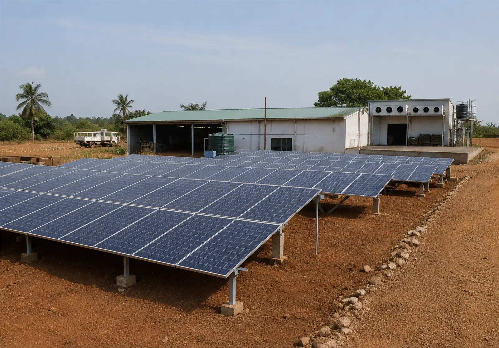 Ground-mounted solar panels beside an agricultural processing facility in Ghana