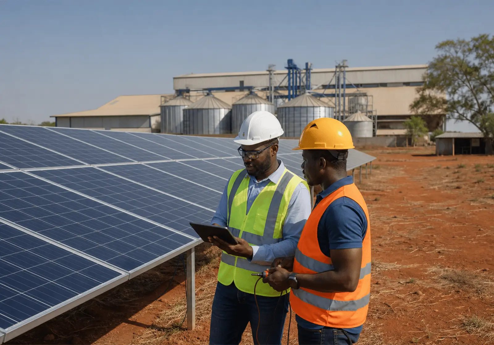 Engineers inspecting a commercial solar power system in Ghana