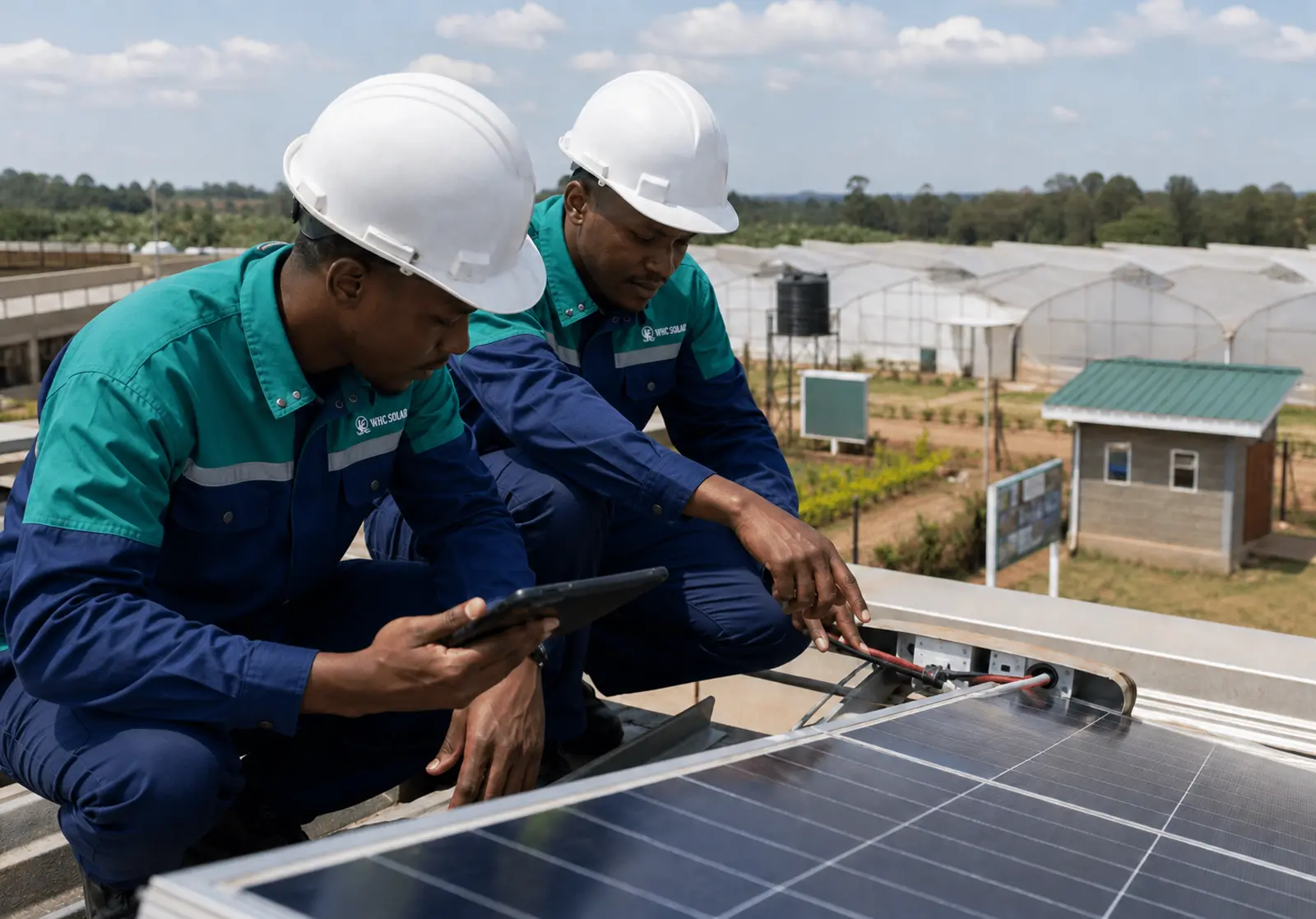 Engineers inspecting a commercial solar power system in Kenya