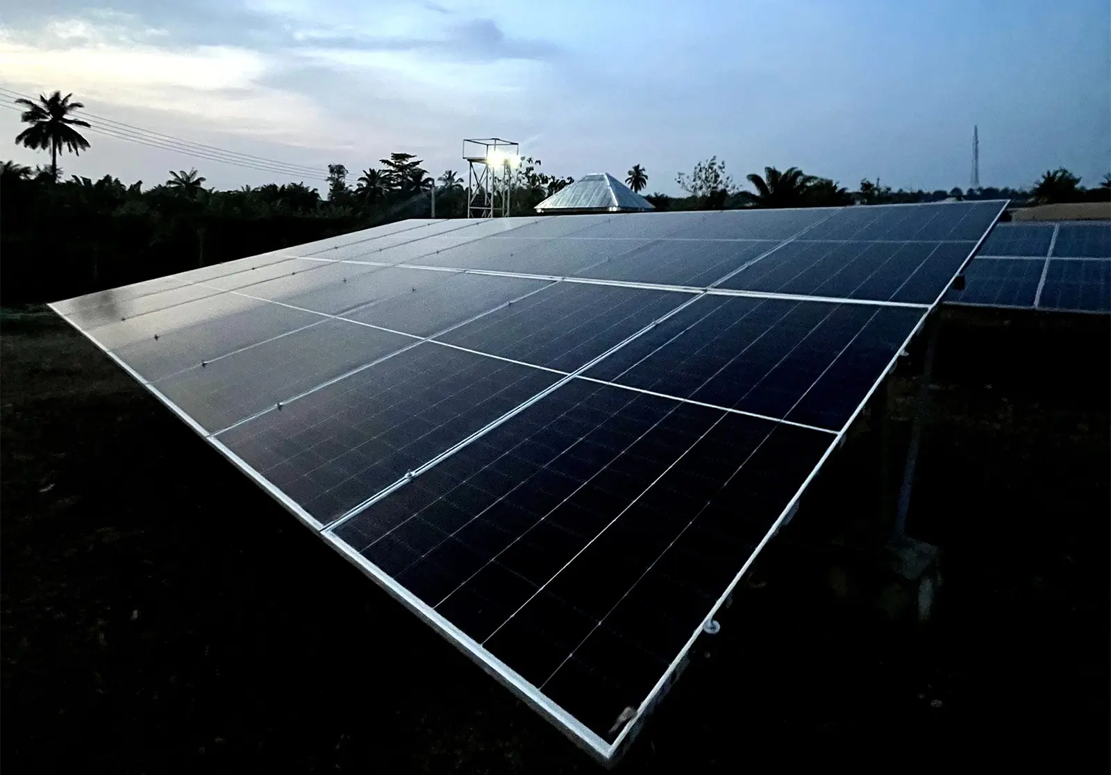 Evening view of remote community solar PV array