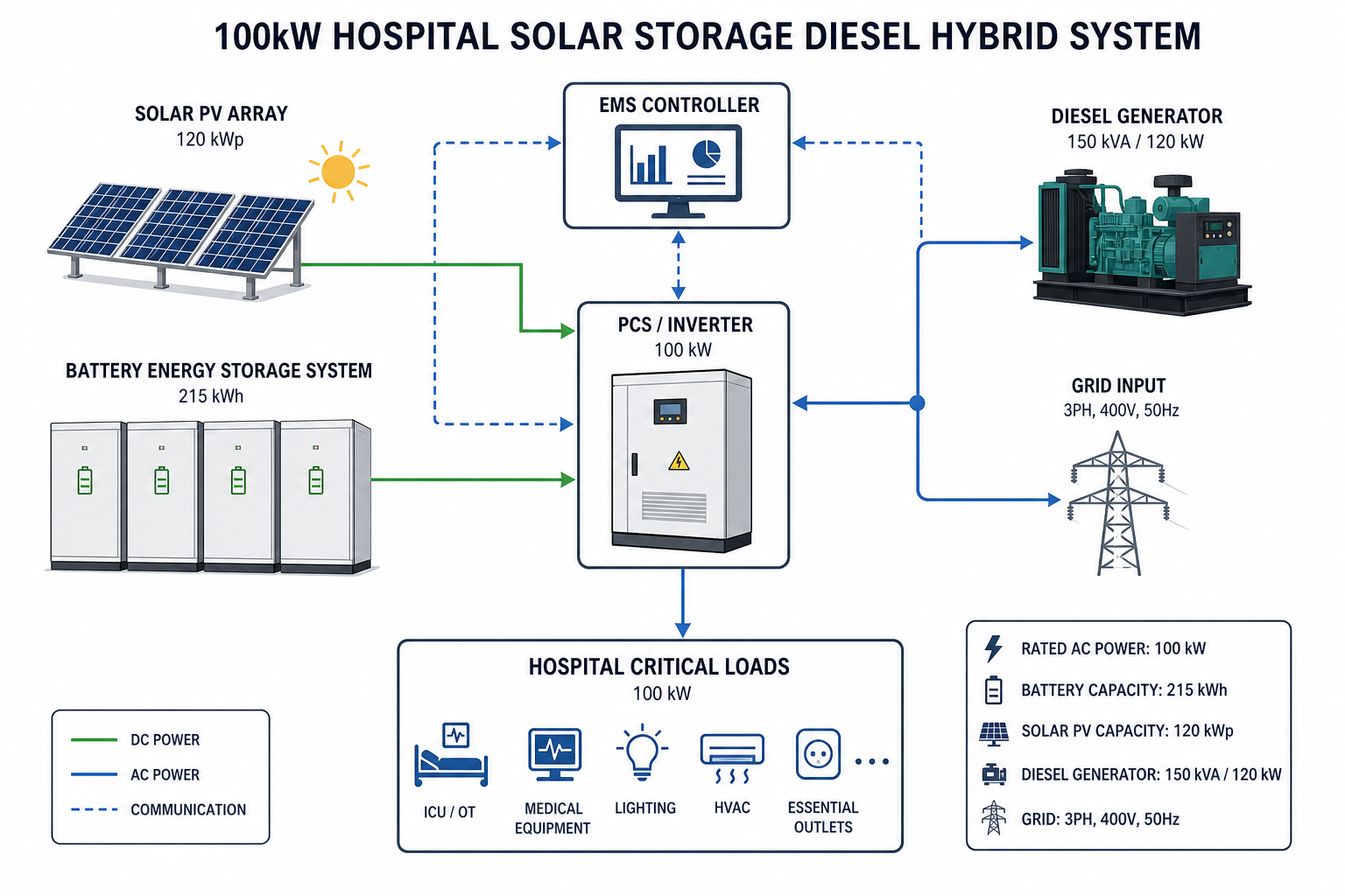 100kW hospital solar storage diesel hybrid system configuration diagram