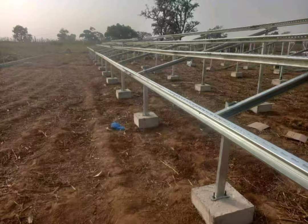Galvanized ground-mounted solar racking installed for a water treatment project in Malawi